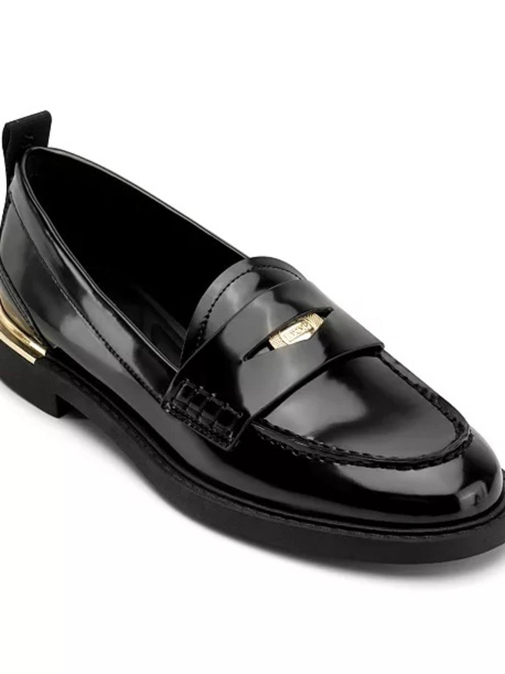DKNY Raeya Black Patent Leather Loafers with Gold Heel Detail